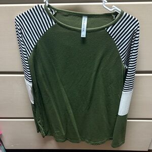 Tickled Teal Olive and Striped Long Sleeve Top